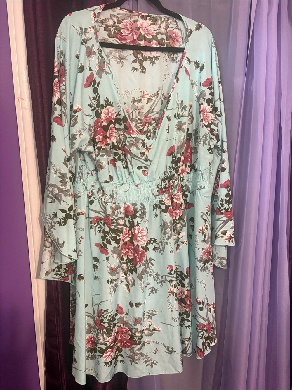 Floral Wrap Dress in Mint with Pink Blooms